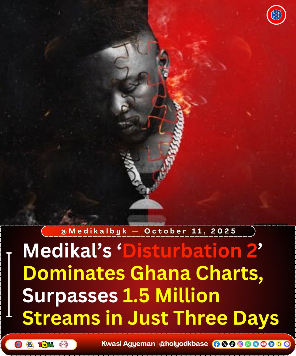 KwaAgyeman's tweet image. Medikal’s ‘Disturbation 2’ Dominates Ghana Charts, Surpasses 1.5 Million Streams in Just Three Days

Alkaline Snapchat Delali Agor World cup Goldbod EOCO Asamoah Gyan Wontumi Location Latifa Teiya Fuseini Enokay sani Medikal Serwaa Sammy Gyamfi Lawyer Kwesi Esquire #holyodkbase