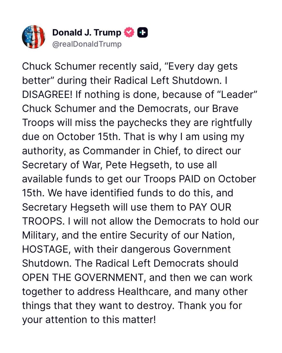 RepNickBegich's tweet image. Leadership in action: @POTUS and his administration step up to ensure the men and women serving in our military aren’t used as pawns in this radical shutdown orchestrated by Senate Democrats.
The message is clear; we won’t allow Democrats to jeopardize this nation and the…