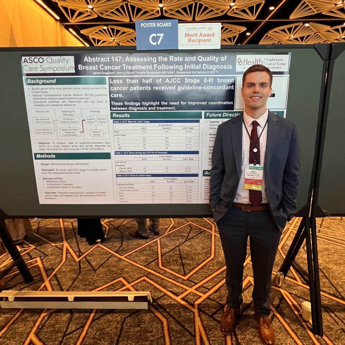 TheDrWood's tweet image. Fantastic mentee, @DrMcClellandLab member &amp;amp; @OUCollegeofMed MS4 Jared Gregston presenting his @ConquerCancerFd Merit Award-winning work on the rate &amp;amp; quality of #BreastCancer care following initial diagnosis at #ASCOQLTY25!
#RadOnc
#bcsm
#RepresentationMatters
#Match2026