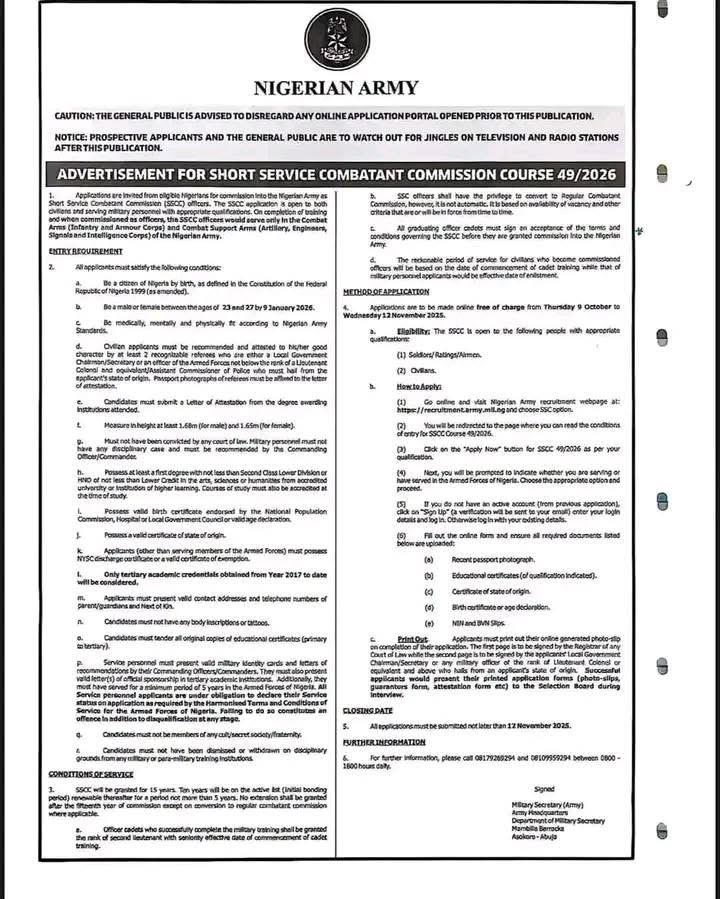 tohire_ng's tweet image. NIGERIAN ARMY IS HIRING 🔔 

The Nigerian Army Short Service Combatant (SSC) Commission Course recruitment presents an opportunity for Nigerians to serve in the Combat Arms and Combat Support Arms. Here are the key details: 

Eligibility Criteria: 

Age: 23-27 years old…