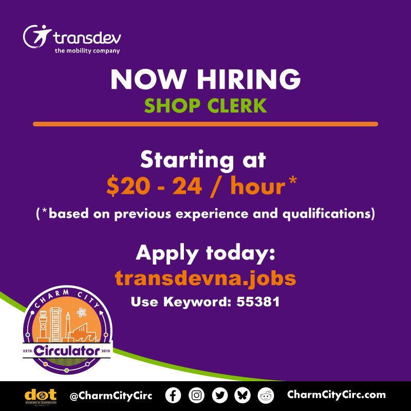 📣 The Charm City Circulator is hiring!

We’re currently looking to fill the following positions:
🚌 CDL Class B Driver
🛠️ Shop Clerk

Interested? Apply today at Transdevna.jobs by typing “55381” in the search bar.

@bmorecitydot
