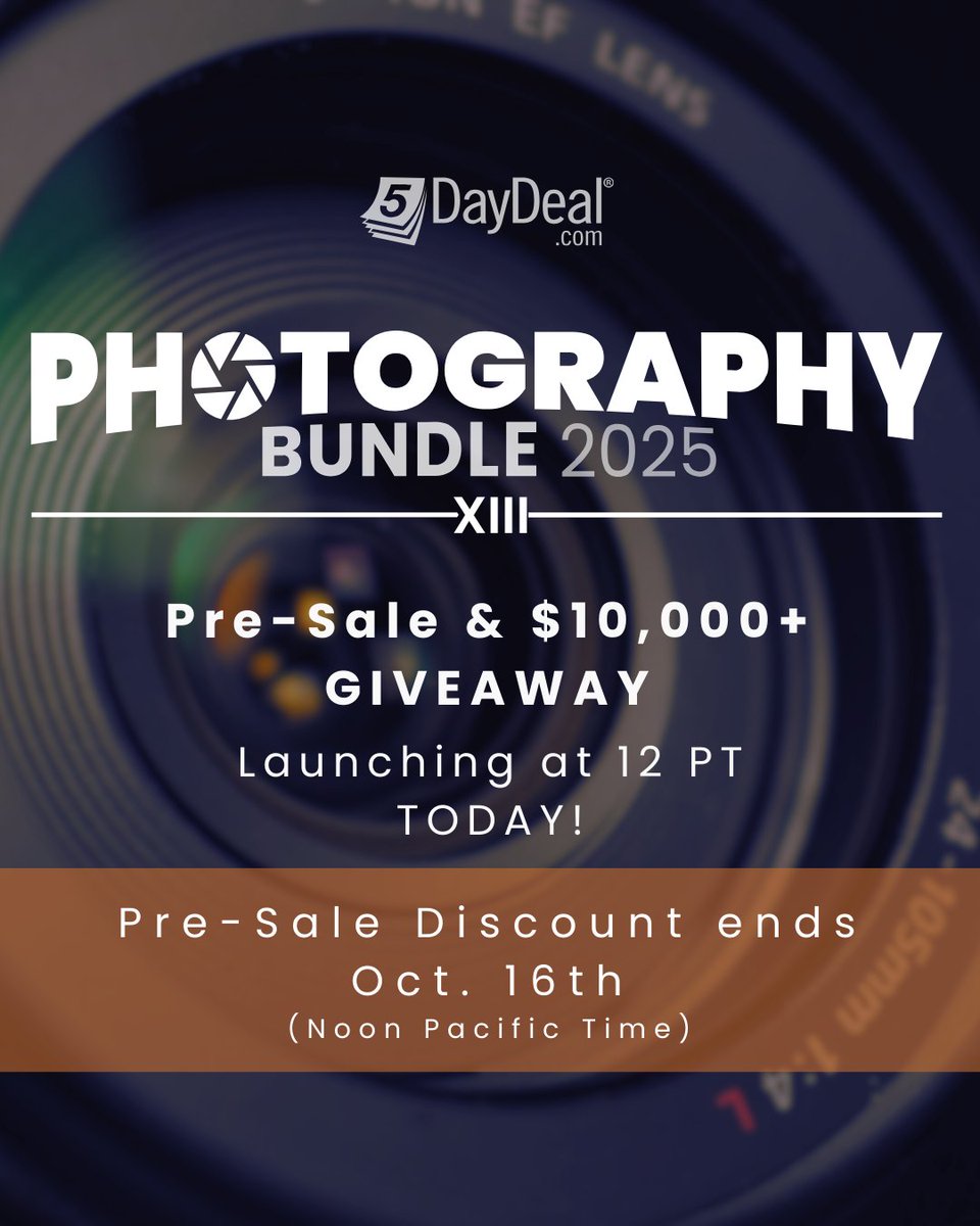 5DayDeal's tweet photo. Todayโs the dayโget the Photography Bundle at its lowest pre-sale price + enter $10K+ Giveaway at 12 PM PT! https://t.co/KOrm837crd
#5DayDifference
#CreativeTools https://t.co/Dw6nUEbC5l