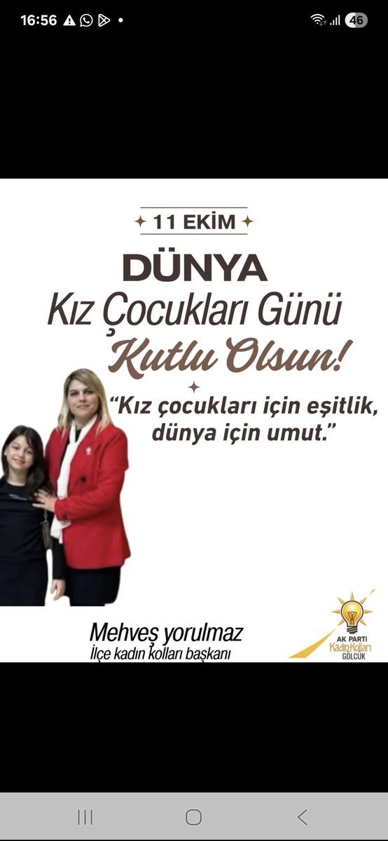 akpartikadinko1's tweet photo. Öncelikle kendi kızımın, sonra tüm kız çocuklarının Dünya Kız Çocukları Günü kutlu olsun 💕
Onlar bizim en kıymetli emanemiz, geleceğin umudu, sevginin saf halidir.

Her biri inandığı yolda güçlü, kararlı ve mutlu yürüsün .

@tugbaisikercan 
@akkadingm 
@yyaseminozdemir 
@Mehves3 https://t.co/FmTQBdbMFJ