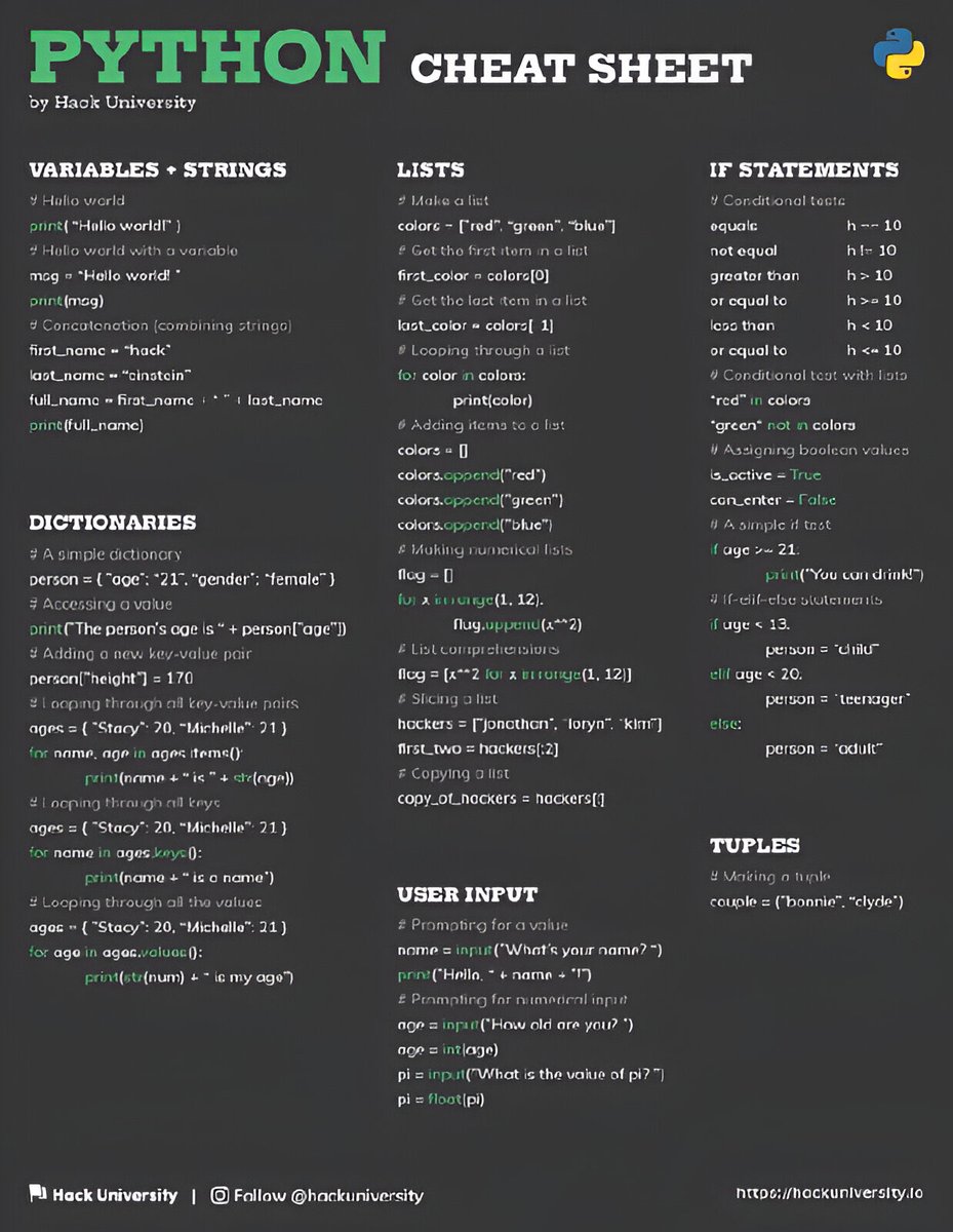 AdelDeveloperX's tweet image. 💡 هذه ورقة مختصرة تحتوي على أهم المفاهيم والأوامر في لغة بايثون: