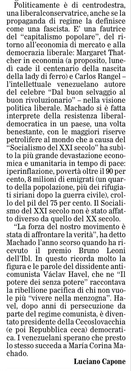 GibelliTiziana's tweet photo. Su @ilfoglio_it il ritratto di @MariaCorinaYA❤️ fatto da @lucianocapone: tra #Tatcher e #Havel, con 20 anni di lotta (vera e non flotillosa…) al regime, restando in Venezuela. https://t.co/JWej4HoOps