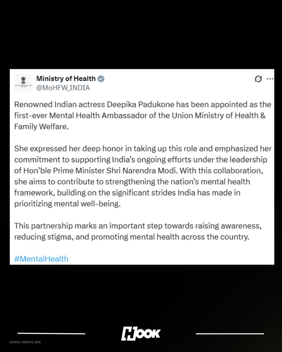 hookonline_'s tweet image. Deepika Padukone has been appointed as India&apos;s first-ever Mental Health Ambassador by the Union Ministry of Health &amp;amp; Family Welfare. In her statement, she expressed being &quot;deeply honoured&quot; and emphasized the nation&apos;s progress in prioritizing mental health. She looks forward to…
