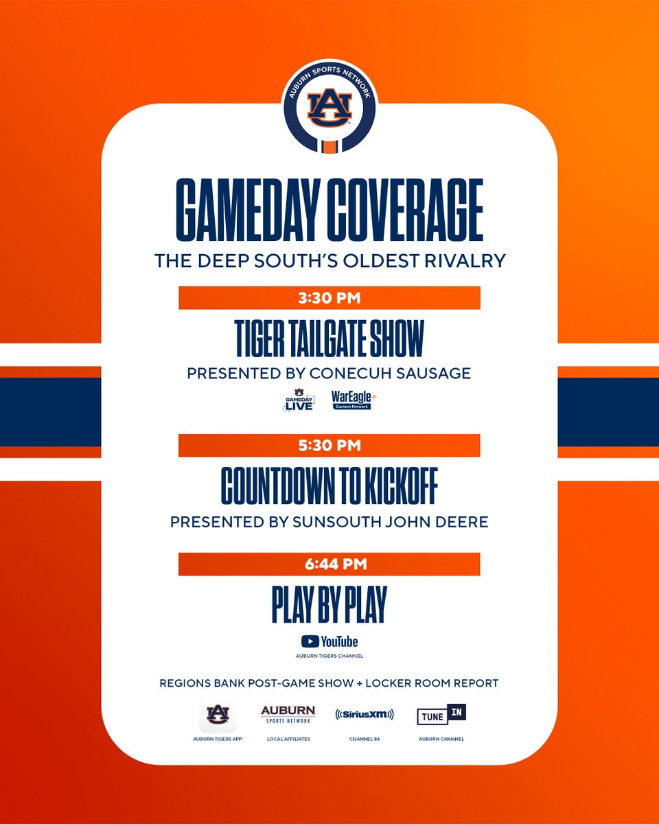 The 130th edition of The Deep South’s Oldest Rivalry!

Today’s <a href="/AuburnFootball/">Auburn Football</a> coverage guide⬇️

📻 <a href="/AUSportsNetwork/">AU Sports Network</a> affiliates / <a href="/Wings943FM/">Wings 94.3 FM</a> 
📱 <a href="/AuburnTigers/">Auburn Tigers</a> App
💻 AuburnTigers.com
📺 Tailgate Show on <a href="/WarEaglePlus/">WarEagle+</a> / Booth Cam on youtube.com/@auburntigers

#WarEagle