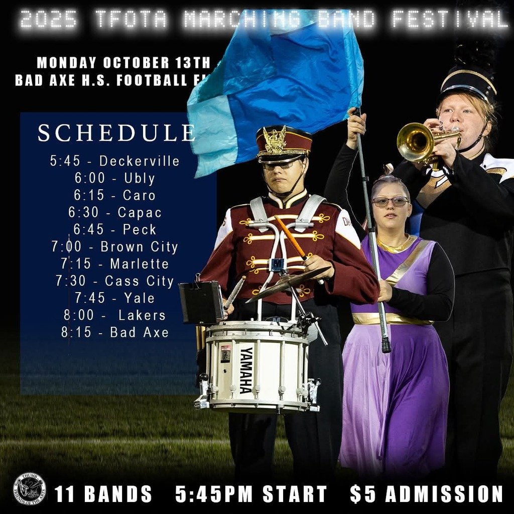 " Band - Ten Hut!" 🎺 

Bad Axe Public Schools is proud to host this year's Thumb Friends of the Arts Marching Band Festival! Join us on Monday, October 13th for a chance to see some of the areas finest marching bands perform!