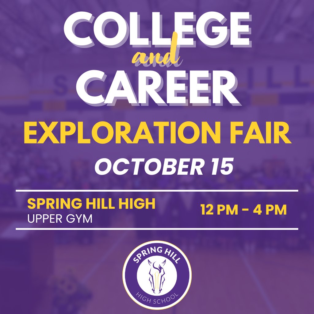 SHSchools's tweet image. 🎓 Explore your future at the College &amp;amp; Career Exploration Fair! Join us Oct. 15, 12–4 PM at Spring Hill High (Upper Gym). Local businesses &amp;amp; colleges will share info on postsecondary programs &amp;amp; career options. 💜💛

#Learn230 #SpringHillSchools #StudentSuccess