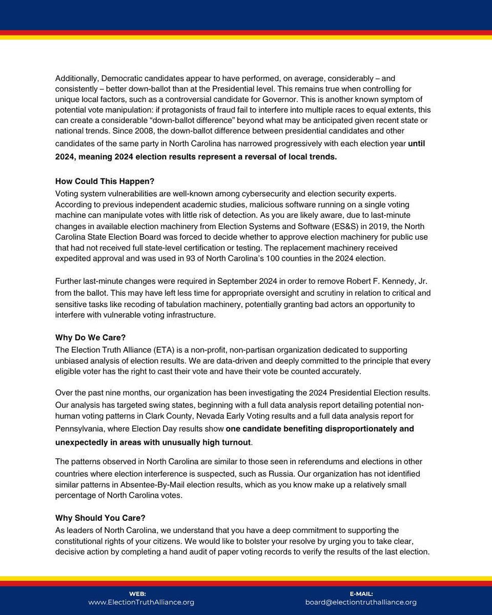 ETA_Org's tweet photo. Please see the Election Truth Alliance's letter to North Carolina elected representatives and election officials: https://t.co/2izOLwqy9g

Make sure you're signed up for our newsletter to get email updates about our upcoming advocacy efforts. https://t.co/OMMwjBbbEU