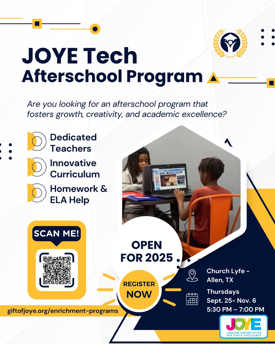 giftofjoye's tweet image. ๐ป Lights, code, action! JOYE Tech Afterschool is where kids explore tech every Thursday at 5:30 PM in Allen, TX. Be part of the journey ๐ giftofjoye.org/enrichment-proโฆ #TechWithJOYE #FutureCoders