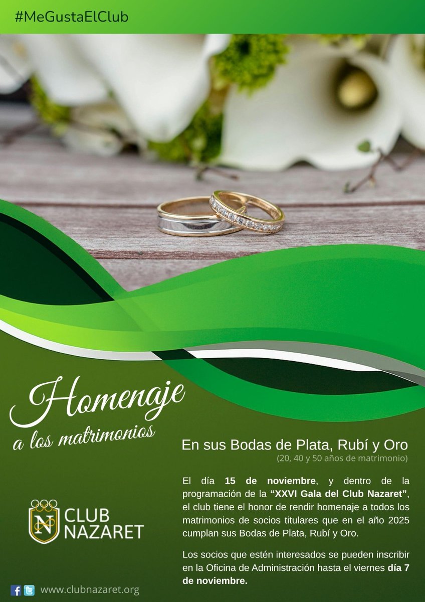 ClubNazaret's tweet photo. ✨ HOMENAJE A LOS MATRIMONIOS DEL CLUB NAZARET ✨

El próximo sábado 15 de noviembre, nuestro club rendirá un merecido homenaje a todos los matrimonios que celebran sus Bodas de Plata, Rubí y Oro.

📅 Inscripciones abiertas hasta el viernes 7 de noviembre. https://t.co/Y4CKBLMJmr