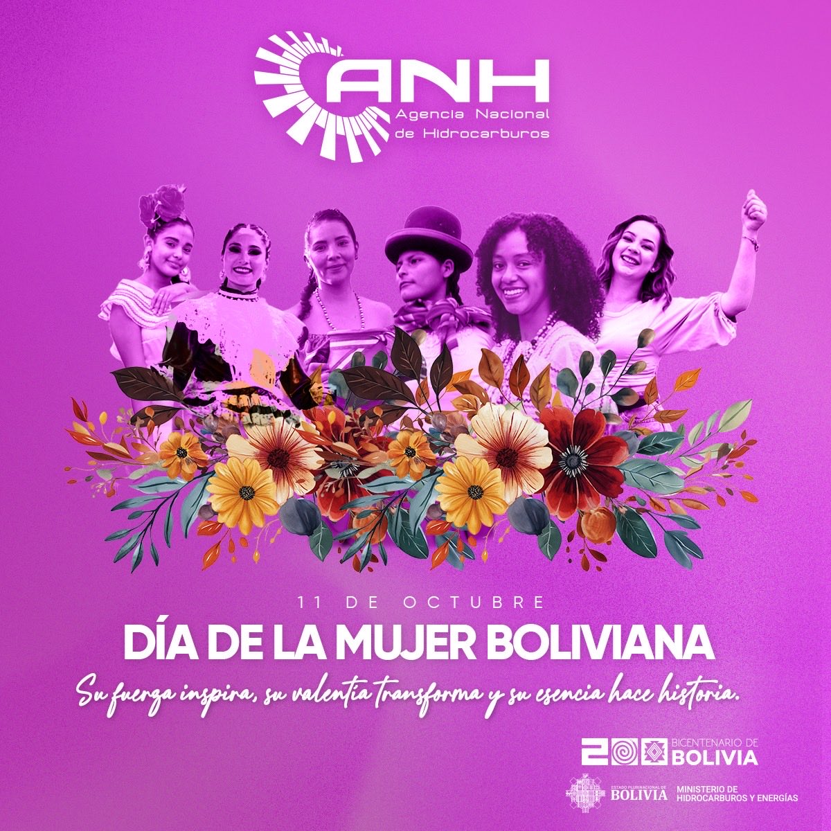 🌹¡11 de octubre, Día de la Mujer Boliviana! 💐
👩🏻‍🦰👧🏽👩🏻👵🏾Desde la Agencia Nacional de Hi(ANH) reconocemos el papel fundamental de las mujeres que, con su talento y vocación de servicio, impulsan el desarrollo del sector energético y el progreso de Bolivia.🇧🇴