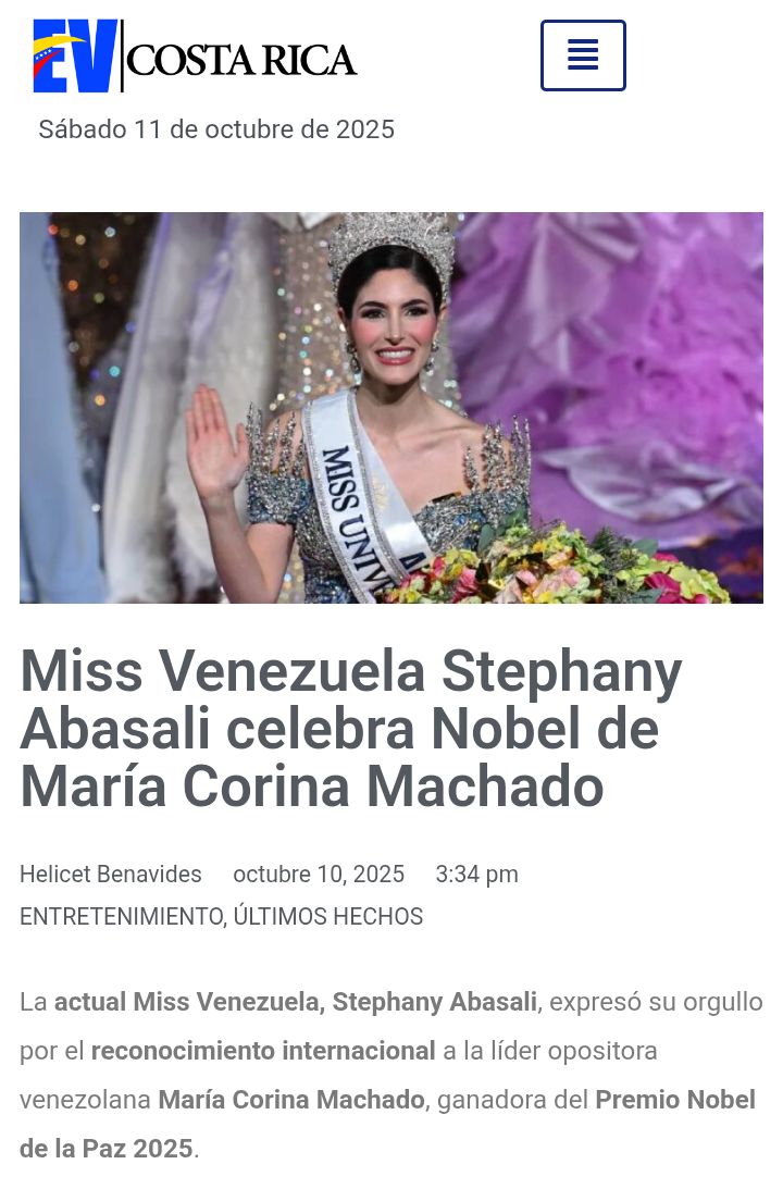 ¡Lo que le faltaba al Miss Venezuela, despojar la corona! 
Organización Cisneros palangristas y arrastrados al cártel de los Soles de Nicolás Maduro y Diosdado Cabello, evalúan despojar de la corona de Miss Venezuela a Stephany Abasali por haber dado sus congratulaciones a la