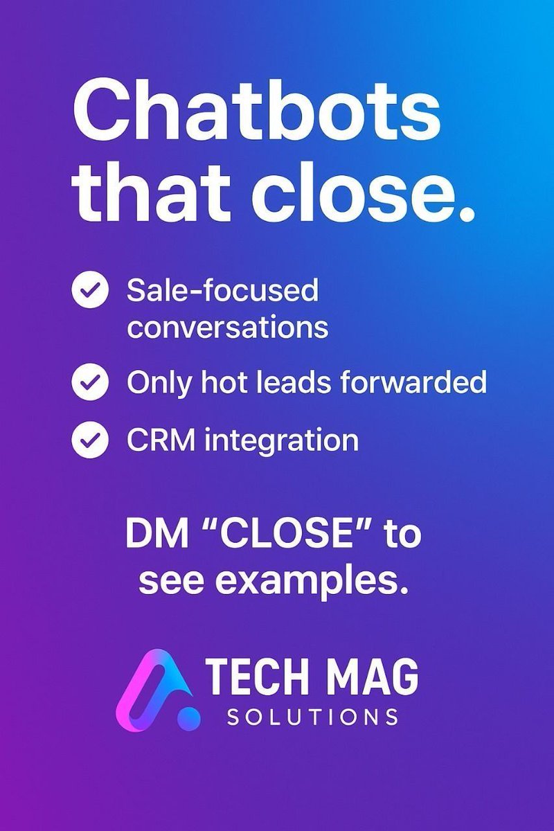 techmagsolution's tweet image. Chatbots that close.
AI chatbots aren’t just for FAQs. They can convert leads into clients by qualifying them in real-time.
✅ Sale-focused conversations
✅ Only hot leads forwarded
✅ CRM integration
📈 DM “CLOSE” to see examples
🌐 Website: techmagsolutions.com