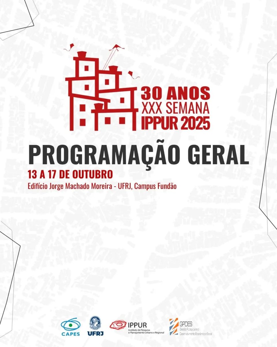 omena_erick's tweet photo. No dia 13 se inicia a XXX Semana Ippur, o principal evento anual do IPPUR/UFRJ.
O evento abrange sessões de abertura e encerramento, conferências, mesas redondas, sessões temáticas, sessões livres, lançamentos de livros e exposições de pôsters, fotografias e vídeos. Programação👇 https://t.co/Er10TcUOVb