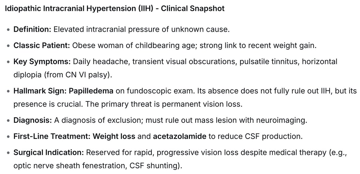 USMLEStepStudy's tweet image. IIH: Obese women. HAs, vision loss, tinnitus. Papilledema key. Weight loss, acetazolamide. Surgery if vision threatened