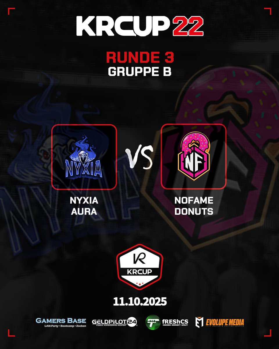 [ KRCup #22 ]

Für NYXIA und die Donuts geht es nur noch um die Ehre. Beide Teams haben keine Chance mehr aufs Weiterkommen.

🚩 Gruppe B - Runde 3
⏰ 16:10 Uhr
🆚 <a href="/NYXIA_eSports/">NYXIA eSports</a> AURA vs <a href="/NoFameOfficial/">NoFameOfficial</a> 
📺 ttv/knxvilleone
🎙️ <a href="/knxvilleOne/">knxvilleONE</a> &amp; <a href="/Chris16221234/">Chris</a> 

---
<a href="/fREShCS1/">fREShCS</a> |