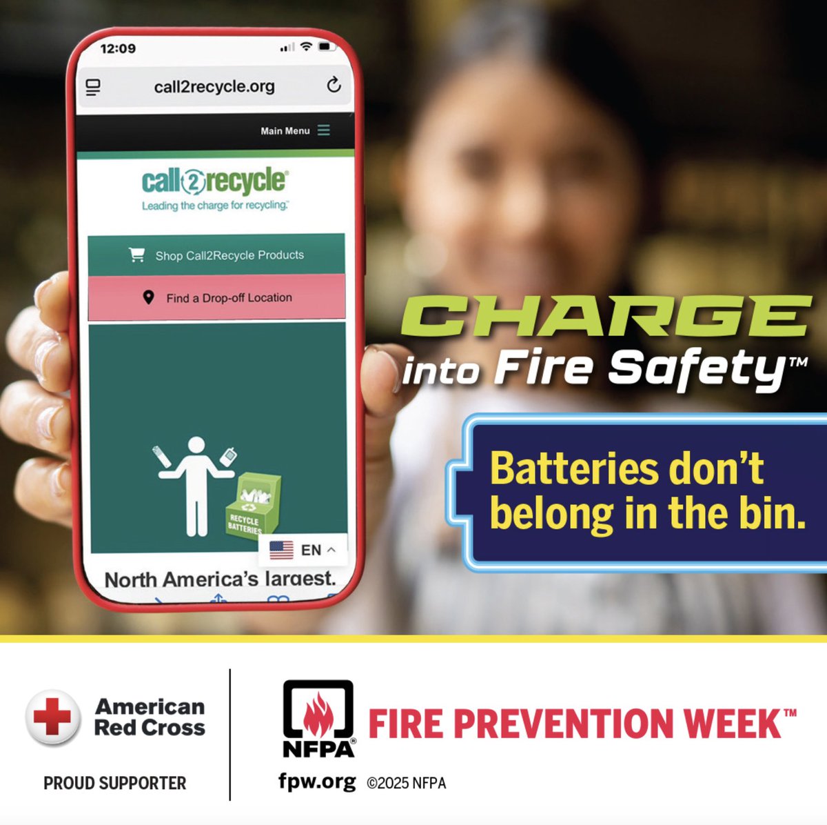RedCrossPhilly's tweet image. Don’t toss lithium-ion batteries or devices in the trash or regular recycling bins; they can start a fire. Drop them off at a legit battery recycling spot. It’s safer and way better for the planet. Find a drop-off location at call2recycle.org #FirePreventionWeek.