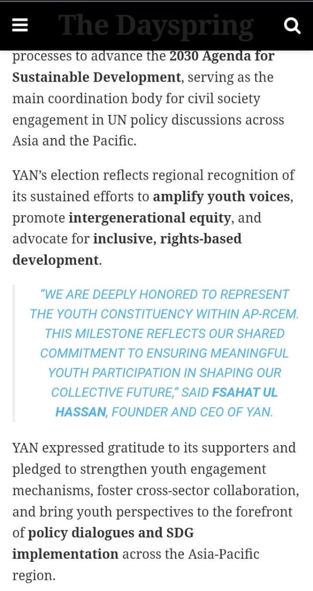 Media Coverage 🗞️

YAN is Elected as the First Youth Organization from 🇵🇰 the Asia Pacific Regional CSO Engagement Mechanism (AP-RCEM)

Read the full article: thedayspring.com.pk/pakistans-yout…

#YAN4Youth #YAN #YouthEngagement