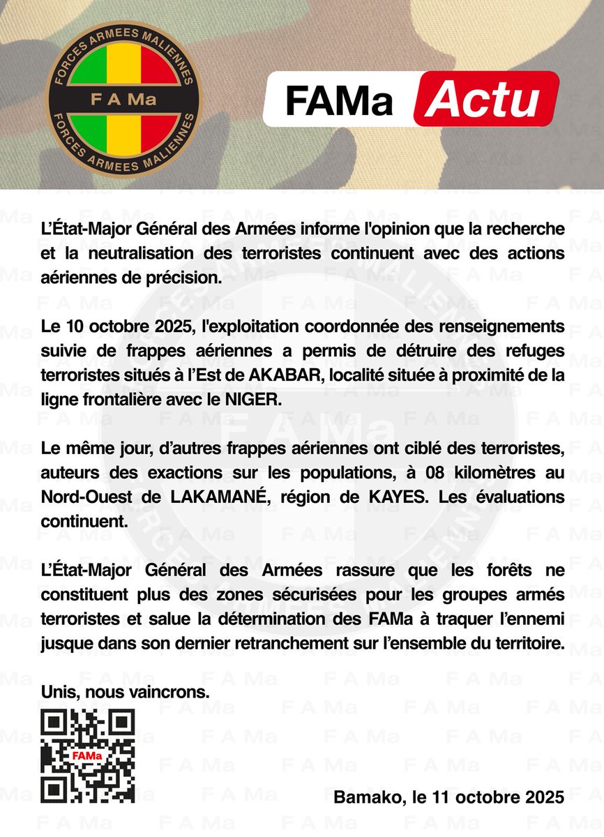 DirpaFa's tweet image. #FAMaActu
L&apos;État-Major Général des Armées informe l&apos;opinion que la recherche et la neutralisation des terroristes continuent avec des actions aériennes de précision.