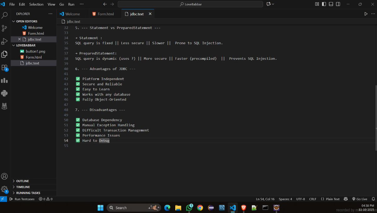 Bhanu_Codes_404's tweet image. Day 37/365 🚀 #365DaysOfCode
#100DaysOfJava
Today's module, JDBC in avd Java ☕
> What is JDBC 📊
> JDBC Architecture
> Types & Drivers
> Basic Steps
> Statement v/s Prepared Statement
> Advantages & Disadvantages
#DSA #Java #techTwitter #Database #BuildInPublic
#DevCommunity