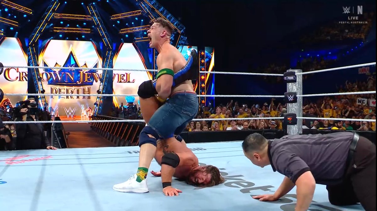 theanglejoey's tweet image. John Cena paid tribute to multiple stars like Bray Wyatt, Chris Jericho, Rusev, The Miz, Undertaker, Randy Orton, &amp;amp; more! 

He’s earned his 100th all-time WWE PLE win against AJ Styles in a beautiful wrestling match! #WWECrownJewel