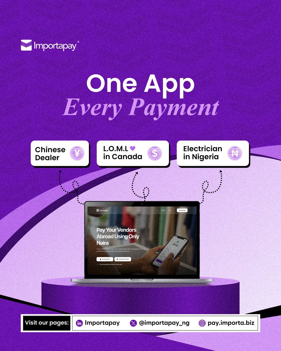 Business. Bills. Love. 💜
No matter who you’re paying or where they are 
ImportaPay makes it simple. One app. Every payment.

 pay.importa.biz