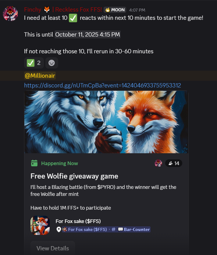 ForFoxSakeCro's tweet photo. Jo #crofam 

Callout to all current and future $FFS holders

Our Free Wolfie event started at our discord
https://t.co/zSOYq4Te8H 

All you need to do is 
-Hold 1M $FFS (~$20)
-Join our discord
-Verify your role
-React to take part
-Actively choose correct buttons https://t.co/B6q4TKRu5C