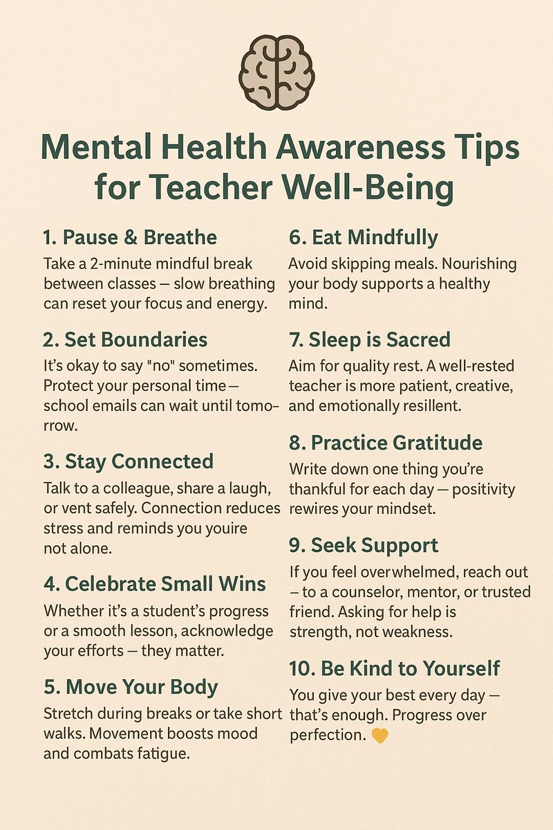 🌿 نصائح للصحة النفسية للمعلمين 🌿
(للتوازن والراحة الذهنية في بيئة العمل)

1️⃣ توقف وتنفس                                   
خذ دقيقتين بين الحصص… تنفس بعمق وأعد طاقتك.

2️⃣ ضع حدودًا                                       
قل "لا" عند الحاجة. وقتك الشخصي أولوية.

3️⃣ ابقَ متصلًا