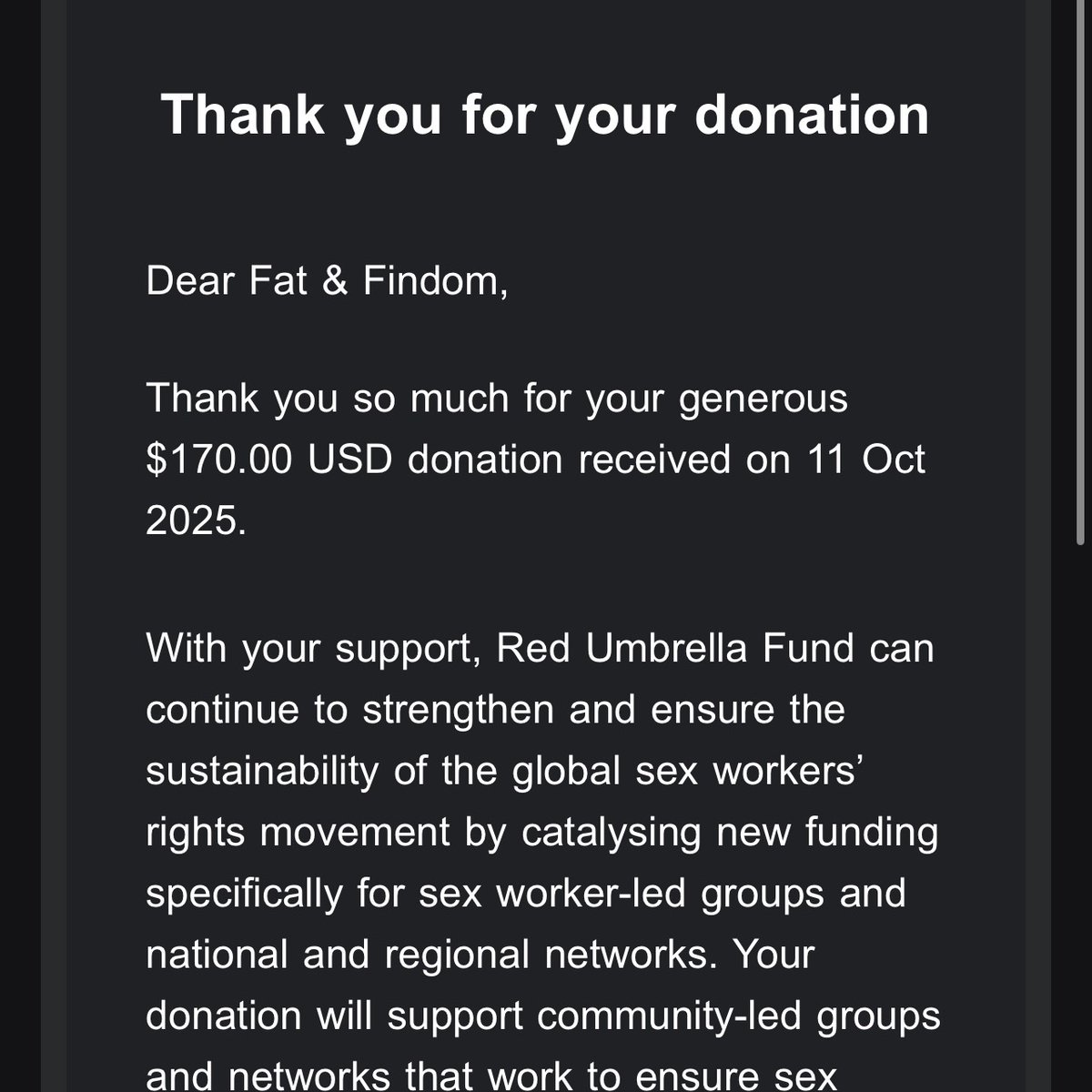 <a href="/Fat_Findom/">Fat & Findom</a> raised $170 for the <a href="/redumbrellafund/">Red Umbrella Fund</a> ! Thank you to <a href="/Finfae1130/">Enchantress Fae - Findom//Femdom</a> , server owner of @thefindomaltar , for putting together this event between her server, my server, &amp; <a href="/thefemdomsoc/">The Femdom Society</a> . Thank you to those who donated. We hope to do so again in the near future.