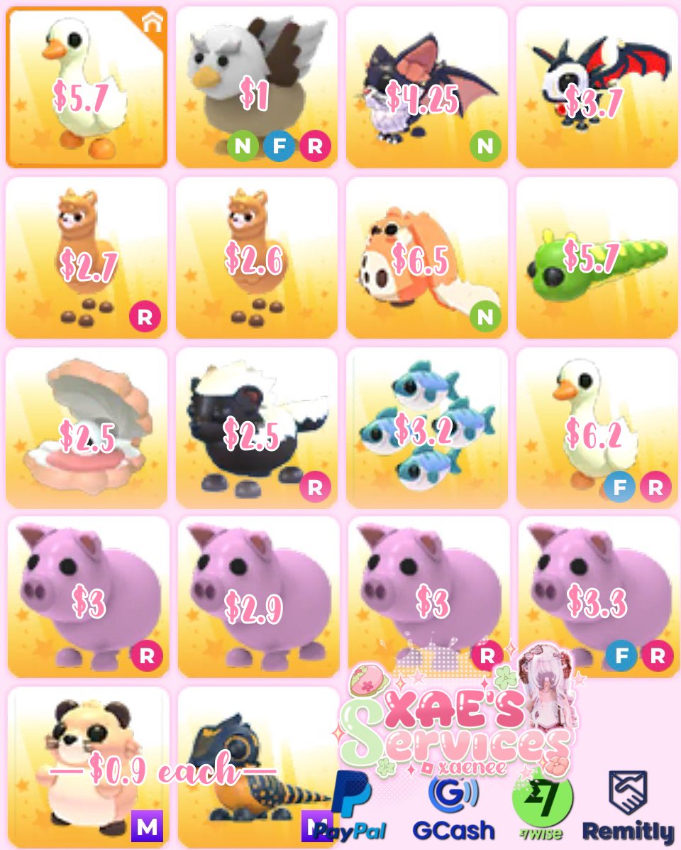 xyleii's tweet image. Selling pets, I take pre-orders !
: Accepting Paypal F&F, Remitly if $10+ (It has a minimum), Gcash
STRICTLY NGF
#AdoptMe #Adoptmetrades