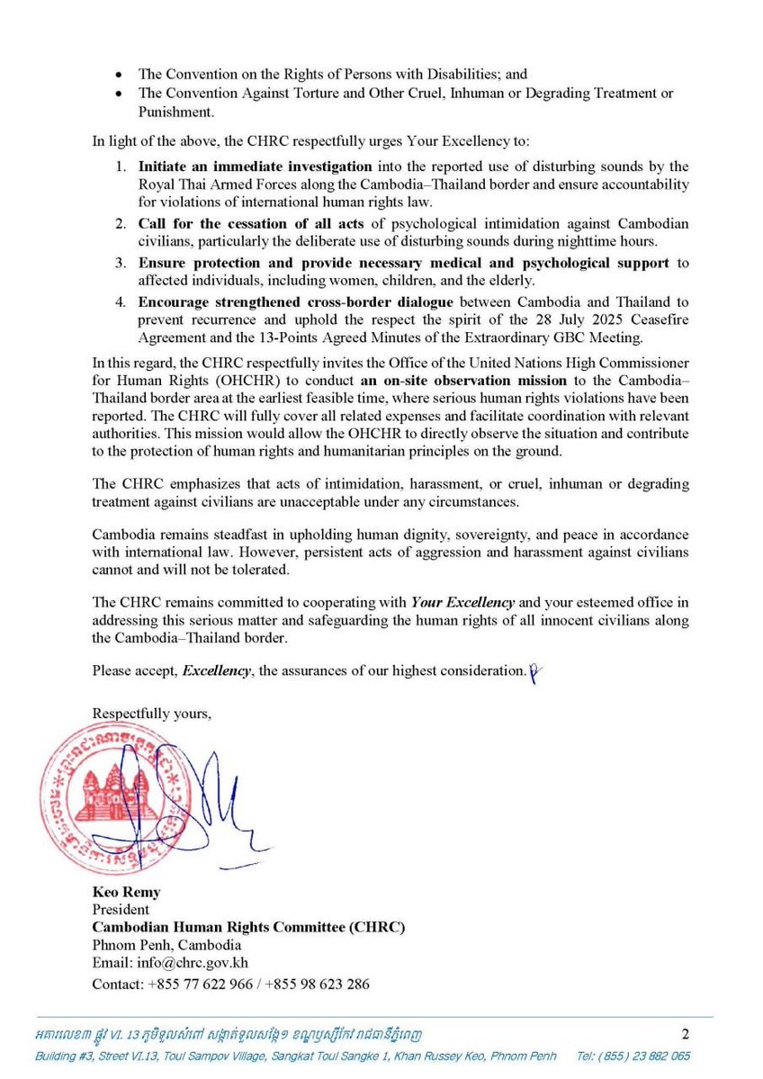 President ofCambodian Human Rights Committee Sends Urgent Appeal to His Excellency Mr. Volker Türk, United Nations High Commissioner for Human Rights (OHCHR) Concerning  the Use of Disturbing Sounds as a Form of Psychological Intimidation and Harassment along the Border by Thai