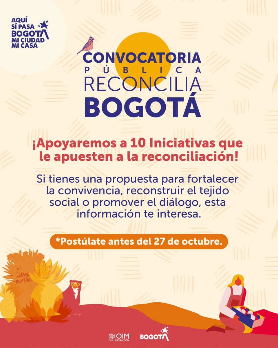 📢 ¡Abrimos convocatoria para apoyar 10 Iniciativas de reconciliación!🕊️Si tienes un grupo, colectivo u organización que trabaja por la convivencia pacífica, el diálogo y la reconstrucción del tejido social, esta oportunidad es para ti🧵.

👉 Postúlate: victimasbogota.gov.co/convocatorias