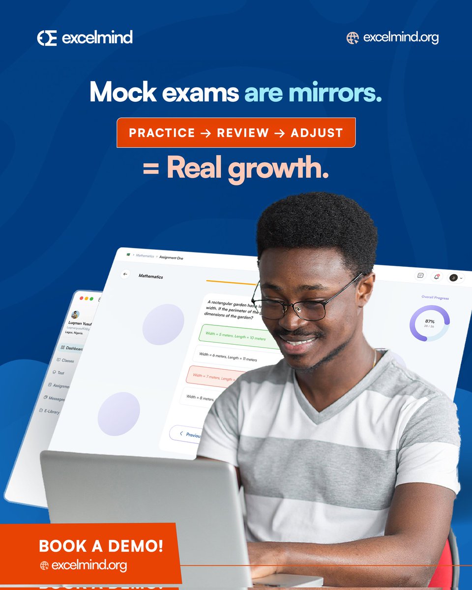joinexcelmind's tweet image. Mock exams are mirrors. They show you what you know, what you missed, and where to improve.
Every great result starts with three steps: practice, review, and adjust. That is how real growth happens, not by perfection, but by reflection.
With ExcelMind, students can take mock…