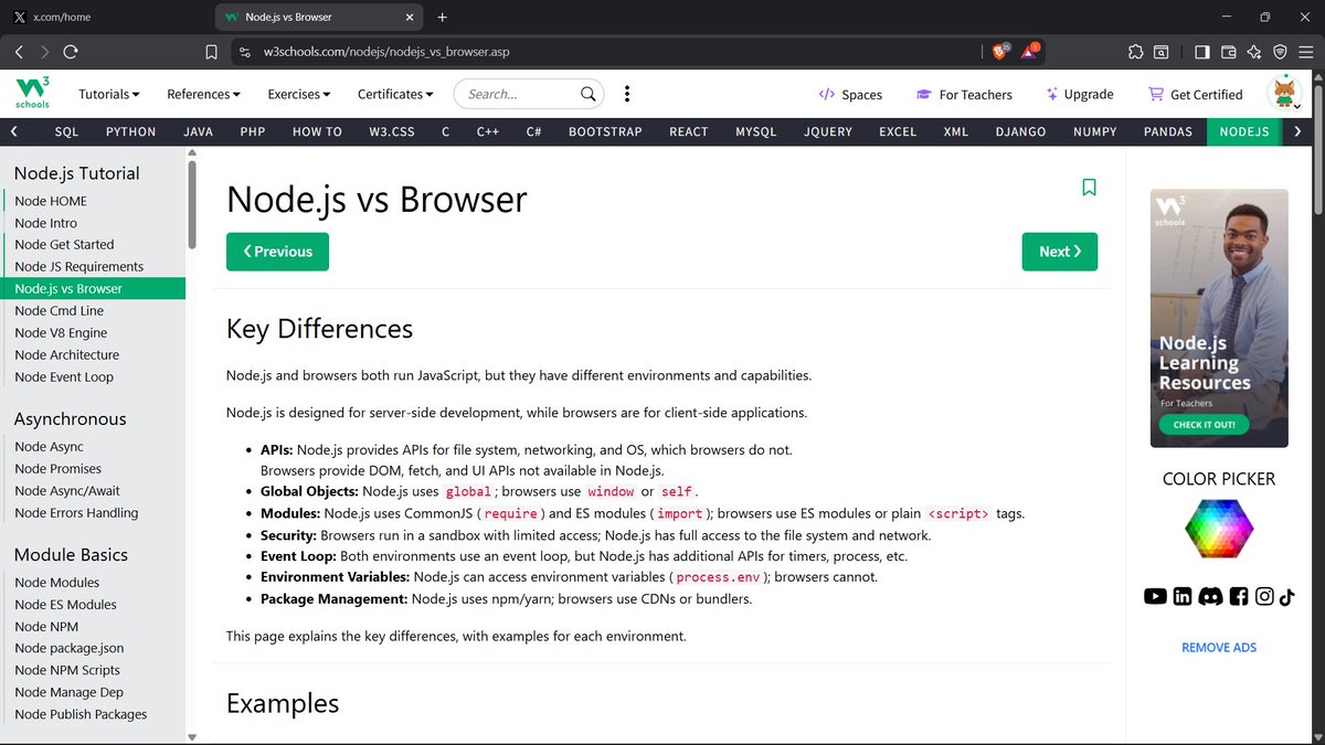 GhimireSiddanta's tweet photo. #LUD14 #LearningUtsav2025 #FestivalOfLearning

Today’s topics on W3Schools:
-Node.js vs Browser – how Node handles JS differently;
-Node.js Command Line – running JS files directly with Node; https://t.co/HYdP0h8b6D