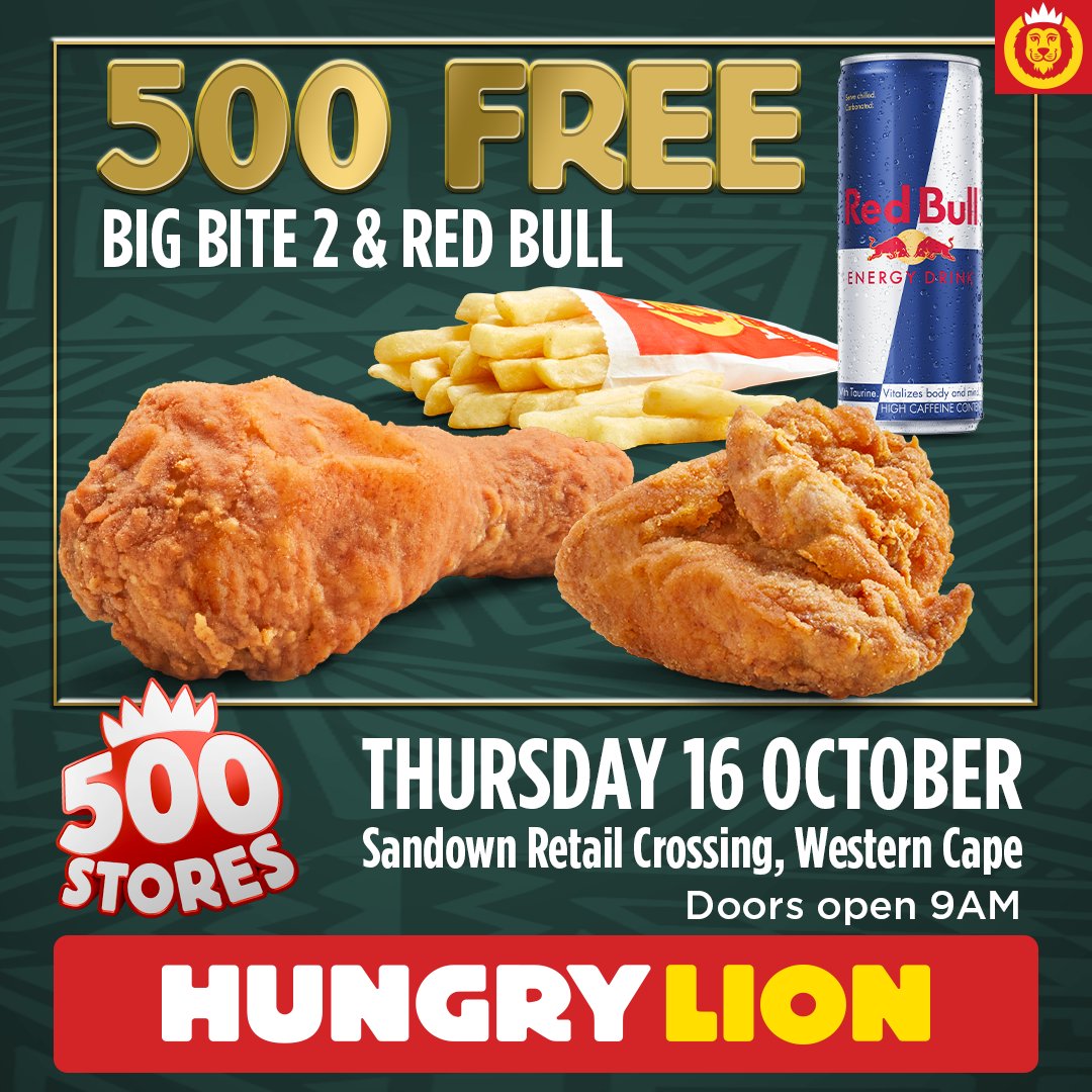 HungryLionSA's tweet image. The first 500 customers at our 500th store opening get a FREE Big Bite 2 + Red Bull! 🥳 

Save the date to visit Sandown Retail Crossing in Parklands, Cape Town, on 16 October. 

Doors open at 9am