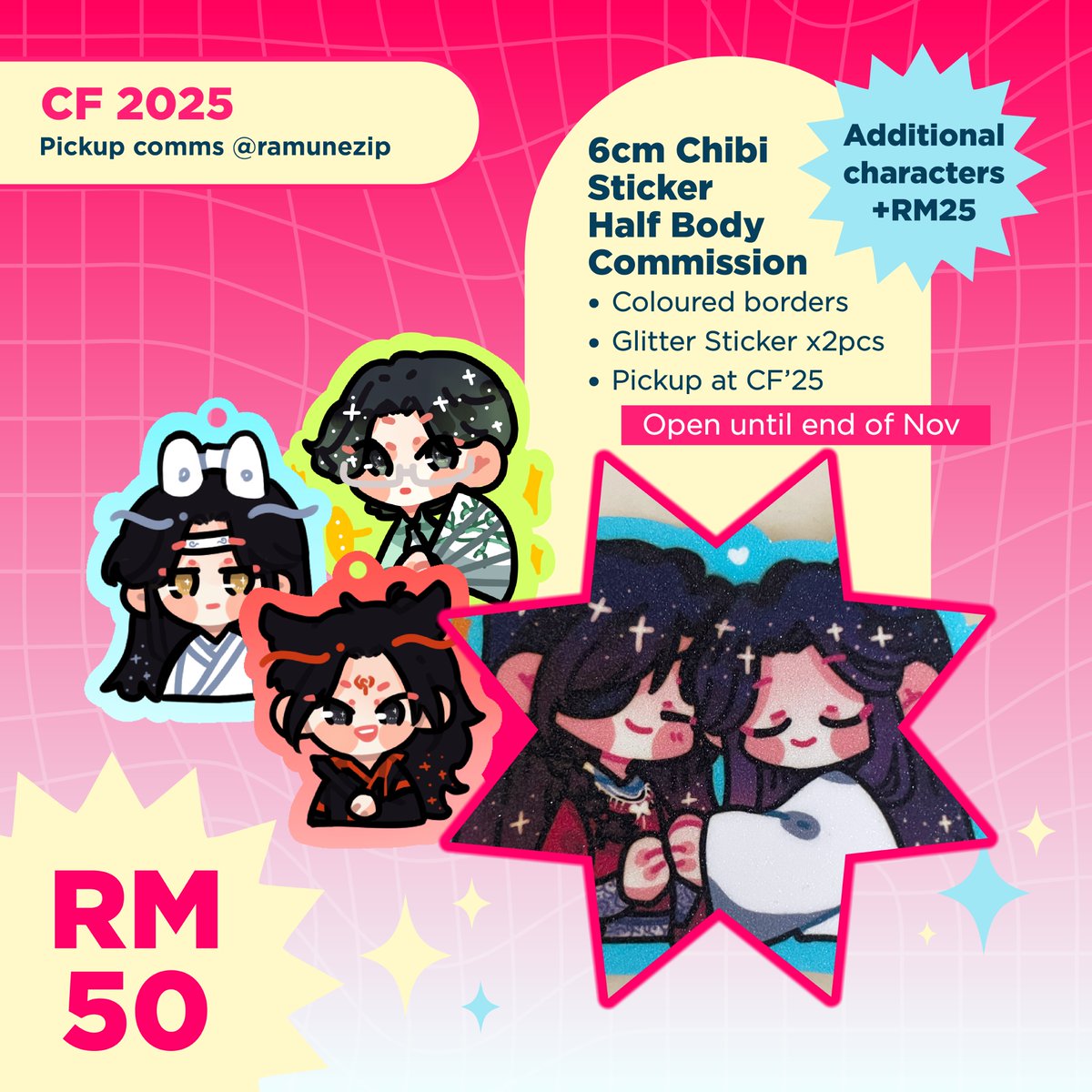 ✨RTs Appreciated✨
Opening pickup comms for #ComicFiesta2025 ✨ Taking 5 slots each, will close at end of Nov or when slots are full 🩷 You can also DM me for any questions or product pics :3
Form link: forms.gle/LEne8LjBnPK9tE…
#ComicFiesta #CF2025