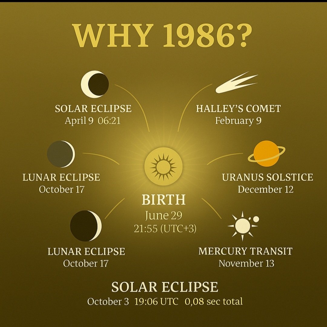 igorzijan's tweet image. 🌌✨ WHY EXACTLY IN 1986 ✨🌌

The universe aligned — ☄️ Halley’s Comet returned, 🌕 Two Lunar Eclipses, ☀️ Solar Eclipse (0.08s), 🪐 Uranus Solstice, ☿️ Mercury Transit.
At its center — 29 June 1986, 10:55 PM — where time met creation. 💫

#1986 #CelestialAlignment #TheOne