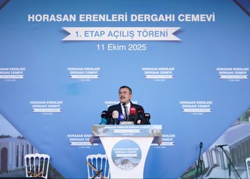 First image shows a blue backdrop with Turkish text reading Horasan Erenleri Dergahı Cemevi and 1. Etap Açılış Töreni dated 11 Ekim 2025, featuring a man in a suit speaking at a podium with microphones, surrounded by banners of Horasan Erenleri and chairs on a stage. Second image depicts a group of men and one woman in formal suits and dresses sitting and clapping at an outdoor event under a canopy, with water bottles and glasses on a table in front. Third image displays a large white arched building with Turkish flags and banners, a crowd of people in suits standing on a red carpeted area under a blue sky with clouds. Fourth image captures a line of officials including men and women in suits and dresses holding a ribbon on a blue stage with lights and text banners for Horasan Erenleri Dergahı Cemevi 1. Etap dated 11 Ekim.