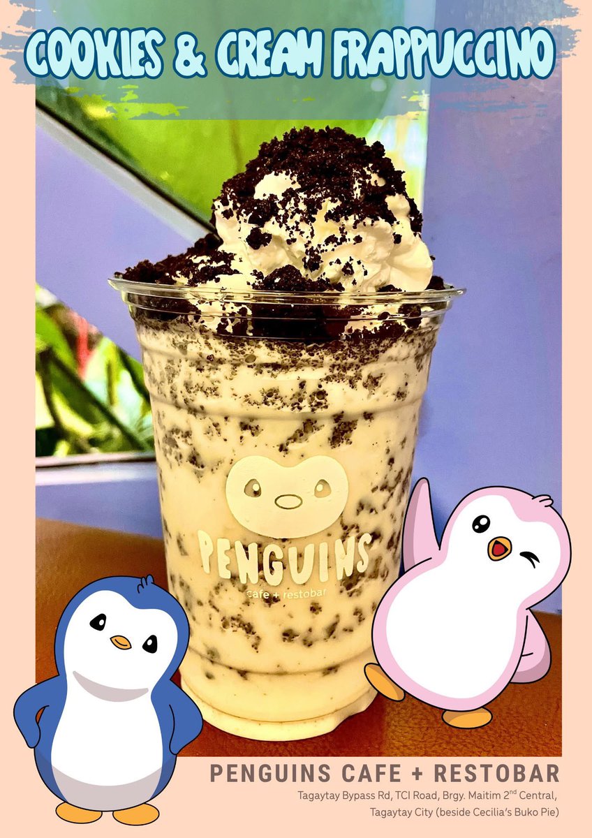 Indulge in the timeless flavor of cookies and cream; a luscious fusion of velvety milk and crushed chocolate cookies. Finished with whipped cream and cookie bits for a touch of indulgent crunch.

Come and visit us at Penguins café + restobar!
maps.app.goo.gl/qEdeHWcSbNnPGC…