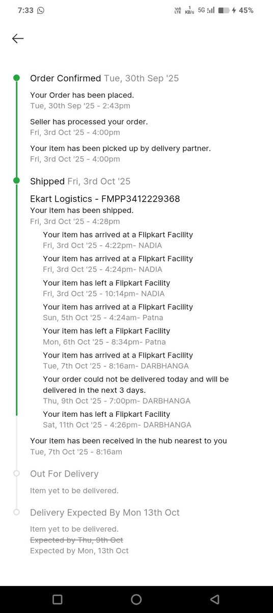 sauravkumar024's tweet image. @Flipkart @flipkartsupport I ordered ,OnePlus Nord Buds 3r Earbud and the Tracking ID is FMPP3412229368.The delivery was expected by9th Oct 2025, but now it has been postponed to 13th Oct 2025.Pls look into this delay and ensureprompt 
#Flipkart #CustomerSupport #DelayedDelivery