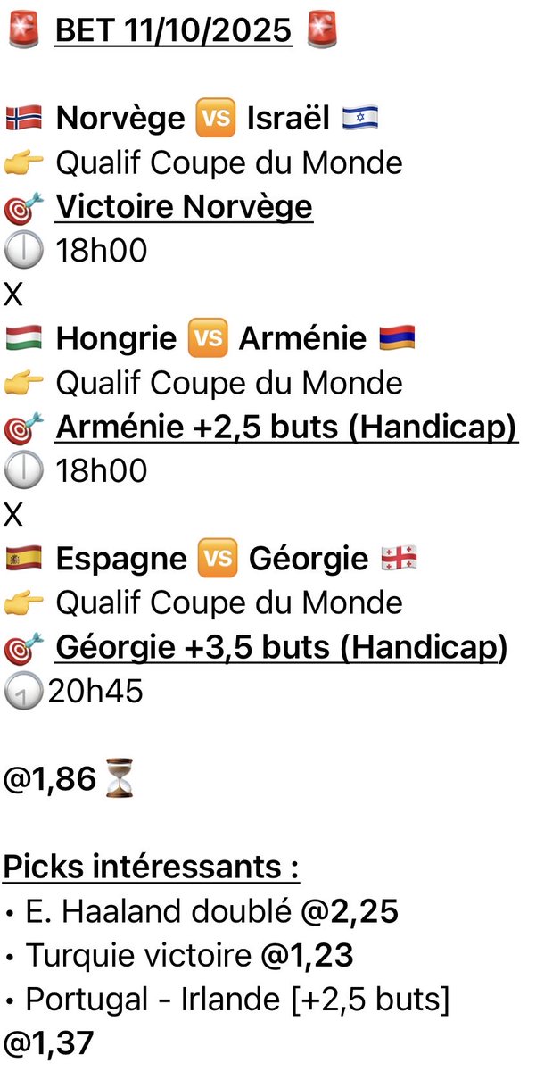 pronofuteplus's tweet image. 🔥 Grosse confiance pour ce soir ! ⚽️
👀 Voici mon combiné à 3 matchs pour les qualifications de la Coupe du Monde 🏆
📲 Pour toute l’analyse complète et mes conseils, rejoins mon Telegram en bio

♻️ et ❤️ pour le soutien
#TeamParieur #QualificationCDM #Football #Pronos #Winamax