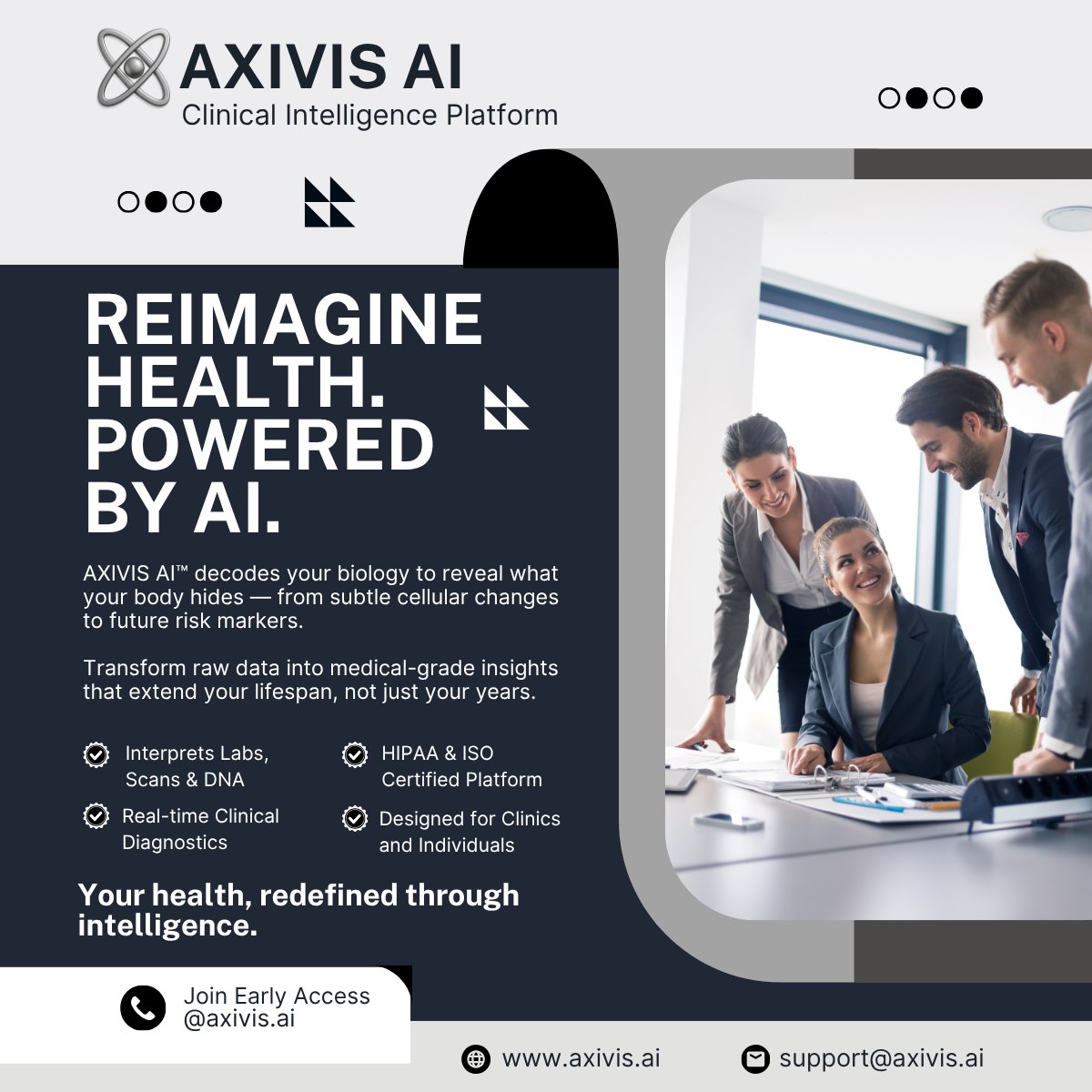 axivisAI's tweet image. AI That Predicts What Your Body Can’t Say. 🧬

AXIVIS AI decodes your labs, scans &amp;amp; DNA into predictive health insights — long before symptoms start.

ISO + HIPAA Certified | axivis.ai

#AXIVISAI #AIHealth #PrecisionDiagnostics #LongevityScience