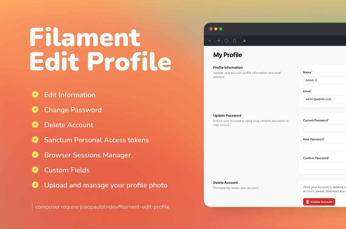 MadeWithLaravel's tweet image. A Filament plugin by @joaopaulolndev for managing user profile data ⚙️ - madewithlaravel.com/filament-edit-…