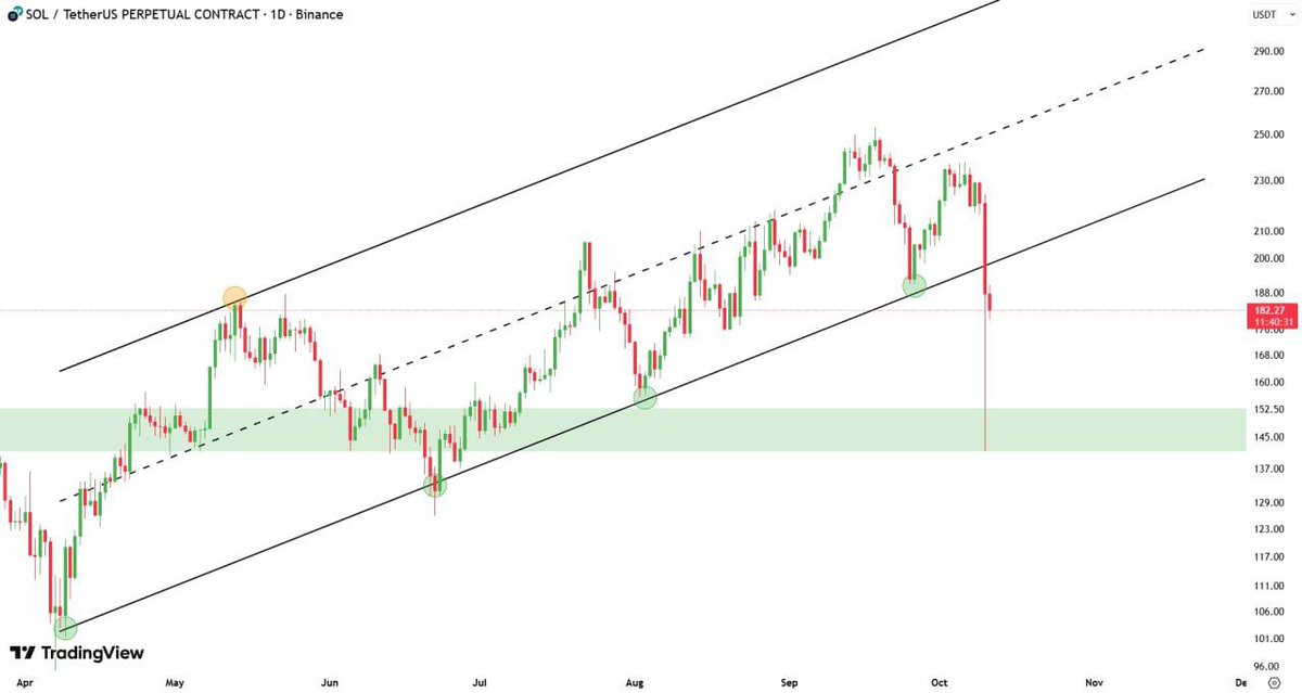 $SOL showing its first real shakeout after weeks of strength.

Price broke below the ascending channel near $190, hinting that bulls are cooling off but I’m not calling it over yet.

If they fail to reclaim that level, I’m watching $150–$160 as a major demand zone  that’s where