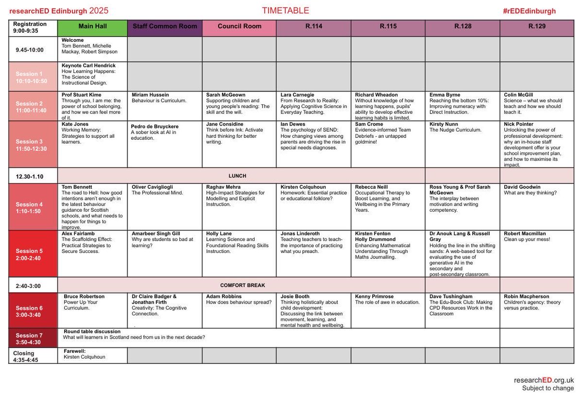 My first time speaking in Scotland. Thank you to <a href="/researchEDScot1/">researchED Scotland</a>, <a href="/tombennett71/">Tom Bennett OBE</a>, <a href="/robin_macp/">Robin Macpherson FRSA 🧡</a> &amp; team for organising. Excited to be speaking in Edinburgh on the 1st November <a href="/George_Heriots/">George Heriot's</a> school. I’ll be presenting on Behaviour in the Staff Common Room at 11am. Amazing line up👇