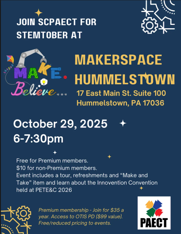 PAECT's tweet photo. Come check out a brand new Makerspace opportunity for your students or family in Hummelstown! Join us for a tour, collaborative build and programming activity, learning about the Invention Convention at PETE&amp;C and food! 
Register: https://t.co/uq4mDHD3r8 https://t.co/pQR2LscDSq