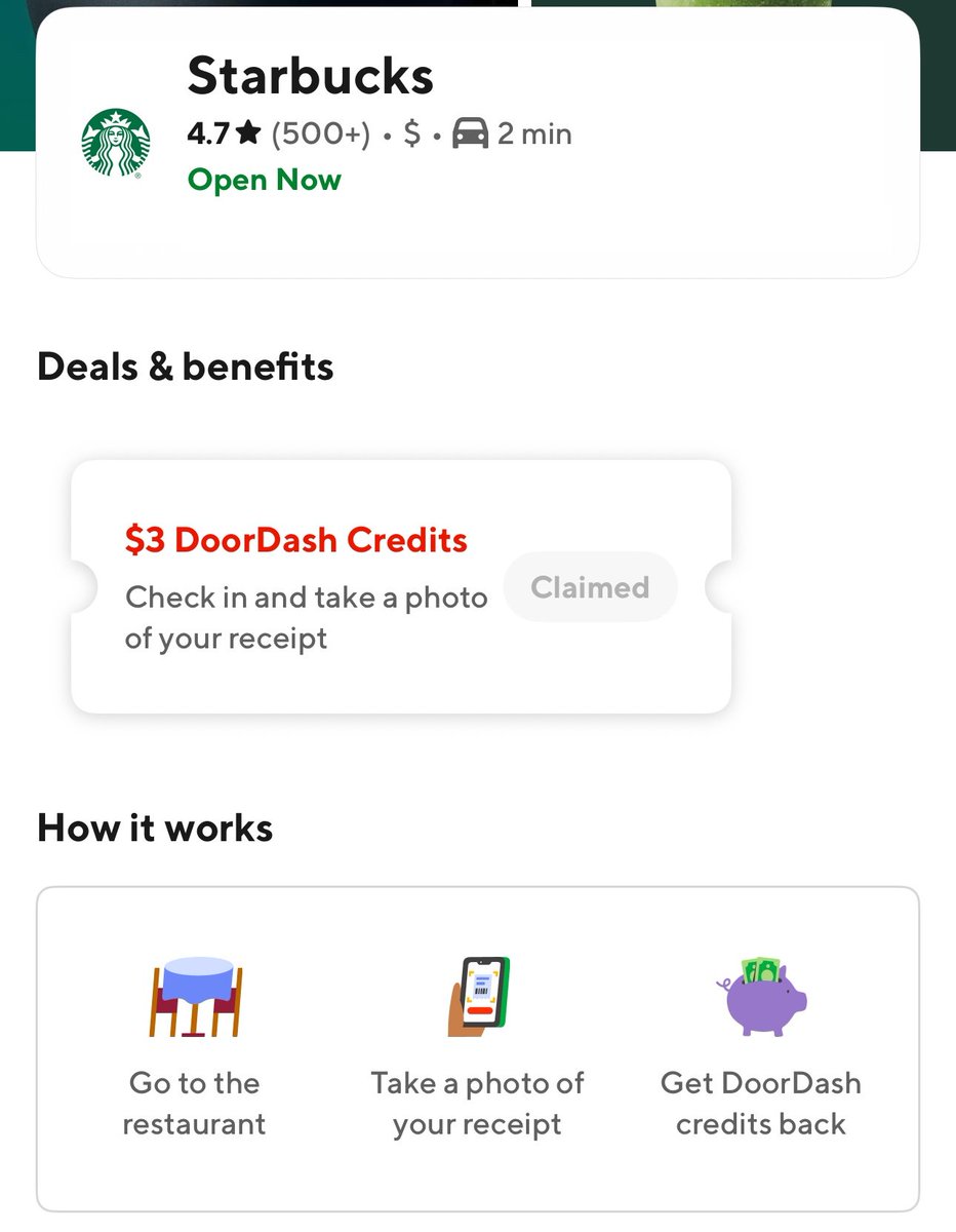 Pricerrors's tweet image. DoorDash is giving away free DoorDash credits 

Earn free credits just by dining out through the &quot;Going Out&quot; program. 

Credits will vary (ex: Starbucks: $3 credit) 

Must have DashPass + linked card

Go to the “Going Out” tab → Claim offer → Pay in person → Credits auto-added