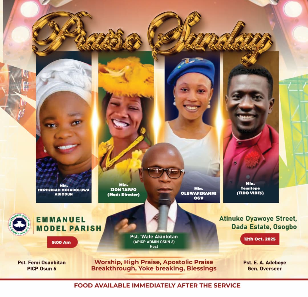 Folu_sweet's tweet photo. Join Us Tomorrow at 
RCCG EMMANUEL MODEL PARISH, Dada Estate, Osogbo.

For an All Praise Sunday.... 
Time: 9:00a.m.
@InsideOsogbo https://t.co/f7s19cMlyZ